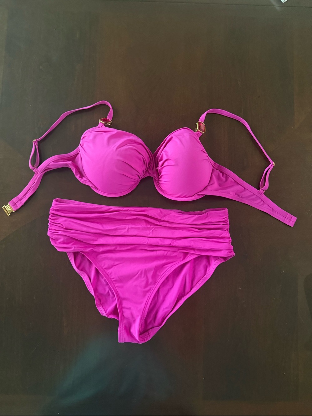 Ruched High-Waist Bikini Set in Bright Magenta